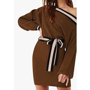 Off the Shoulder Boat Neck Contrast Long Sleeve Knit Belted Sweater Dress Size M